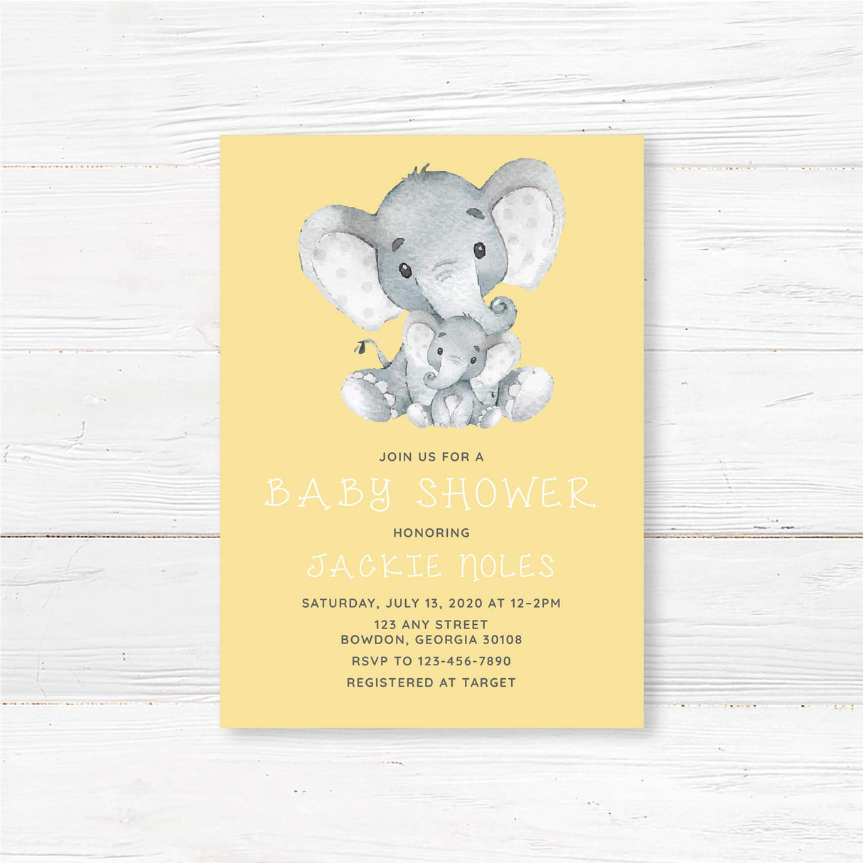 Baby shower invitation with watercolor-style baby elephant design and personalized event details, professionally printed on high-quality cardstock