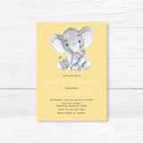Baby shower invitation with watercolor-style baby elephant design and personalized event details, professionally printed on high-quality cardstock