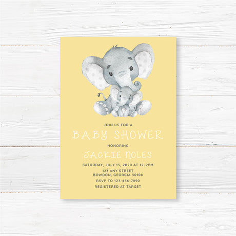 Baby shower invitation with watercolor-style baby elephant design and personalized event details, professionally printed on high-quality cardstock