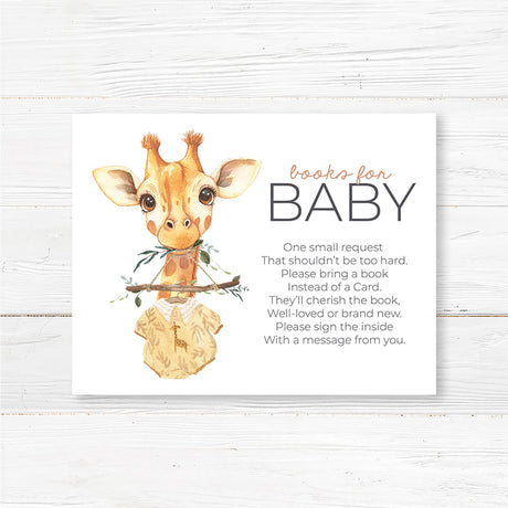 Printed books for baby request card featuring a watercolor baby giraffe with a tiny onesie and floral elements. This elegant insert asks guests to bring a book instead of a card to help build the baby’s first library. Professionally printed on high-quality cardstock, pre-cut, and designed to fit standard invitation envelopes. A meaningful addition to any jungle, safari, or boho baby shower theme with a gender-neutral appeal.