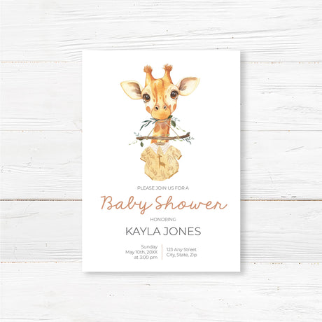 Printed safari baby shower invitation featuring a hand-painted baby giraffe illustration holding a wooden branch with a baby onesie. The watercolor design adds a whimsical and neutral touch, perfect for jungle, safari, or boho baby showers. Printed on thick, high-quality cardstock and includes envelopes. Fully customizable with honoree’s name, event details, and registry information for a beautifully coordinated baby shower.