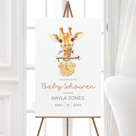 Printed foam core baby shower welcome sign featuring a watercolor baby giraffe with a baby onesie and wooden branch. Professionally printed on thick, durable foam board for a sturdy and elegant presentation. Available in multiple sizes for different event spaces. Perfect for greeting guests at jungle, safari, boho, or gender-neutral baby showers. Easy to display on an easel or table, adding a charming touch to your baby shower decor.