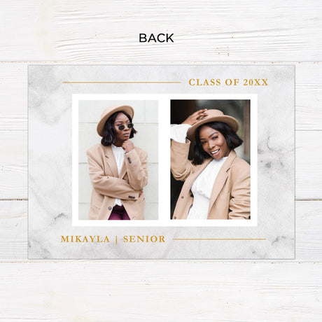 Custom gatefold graduation invitation with a marble design, four photos, customizable colors, and a modern fold-out layout. Personalized grad announcement card. Back.