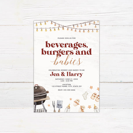 Baby BBQ invitation featuring string lights, a barbecue grill, and baby items with watercolor illustrations. Warm tones and elegant typography create a fun outdoor event theme. Adorable details like grilling utensils, baby shoes, and a bottle add charm. Perfect for celebrating parents-to-be with good food and great company. Includes event details such as date, time, location, and RSVP information.