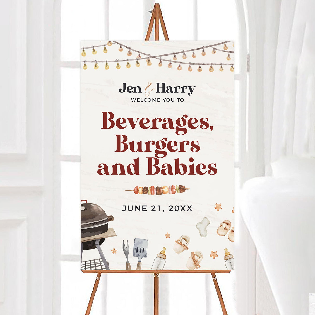 Baby Q welcome sign for a fun outdoor event featuring a barbecue theme. Design includes string lights, a grill, cooking utensils, skewers, baby bottles, pacifiers, and booties. Bold red and brown text reads "Beverages, Burgers, and Babies" with event details below. Set against a light wood-inspired background, this sign is perfect for a casual and festive baby shower celebration.