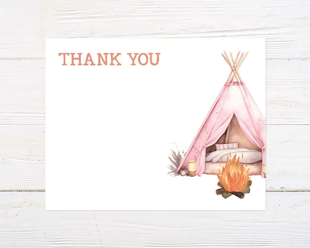 Backyard Camping Party Thank You Card with Cozy Pink Tent - 25 / Smooth  Cover / Flat