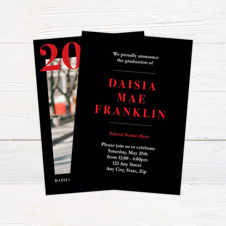 Stylish graduation invitation featuring a bold graduation year design. The back is customizable with school pride colors and includes party or graduation details. Back Black and Red.