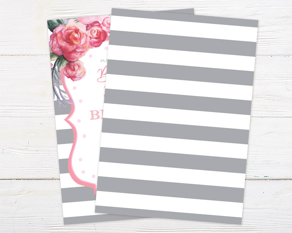 Elegant Birthday Brunch invitation with pink floral design and gray striped background.