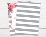 Elegant Birthday Brunch invitation with pink floral design and gray striped background.
