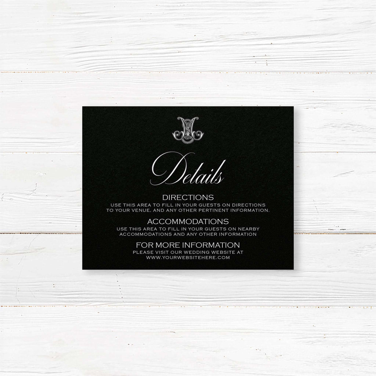 Wedding detail card with black background, white serif and script fonts, and elegant layout for event info, matching the Black Delicate Celtic Monogram stationery suite.