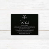 Wedding detail card with black background, white serif and script fonts, and elegant layout for event info, matching the Black Delicate Celtic Monogram stationery suite.