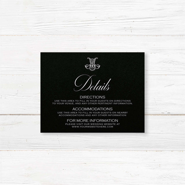 Wedding detail card with black background, white serif and script fonts, and elegant layout for event info, matching the Black Delicate Celtic Monogram stationery suite.