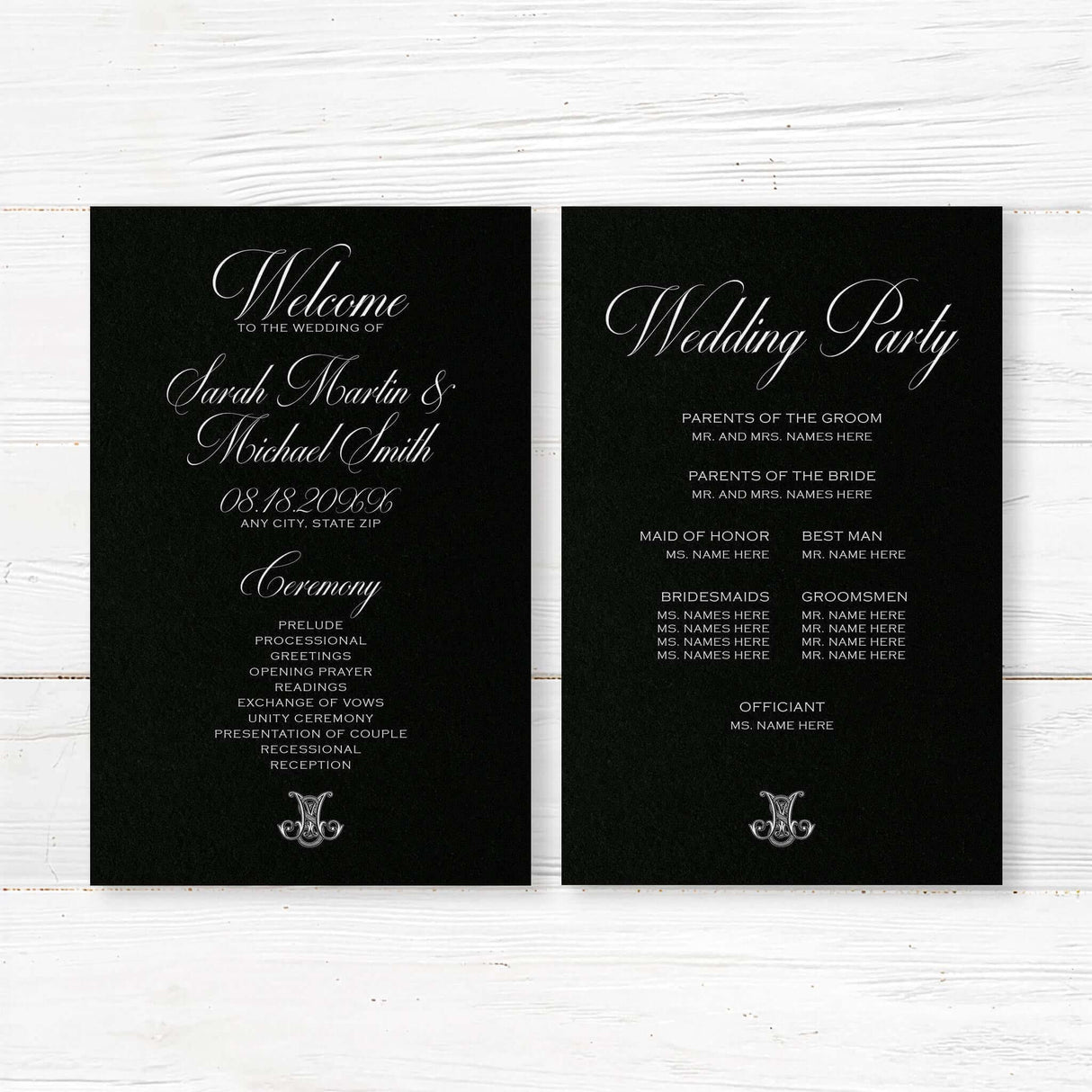 Wedding ceremony program with black background, ornate Celtic monogram, white serif and script fonts, matching the Black Delicate Celtic Monogram stationery suite.