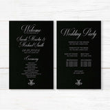 Wedding ceremony program with black background, ornate Celtic monogram, white serif and script fonts, matching the Black Delicate Celtic Monogram stationery suite.