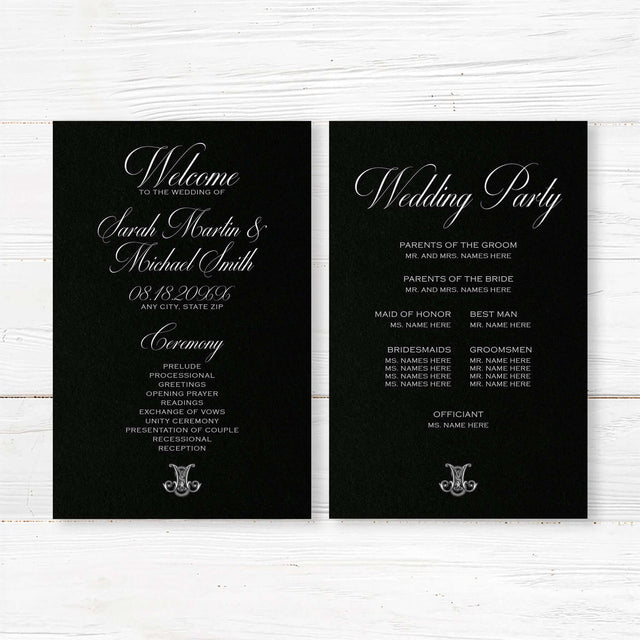 Wedding ceremony program with black background, ornate Celtic monogram, white serif and script fonts, matching the Black Delicate Celtic Monogram stationery suite.