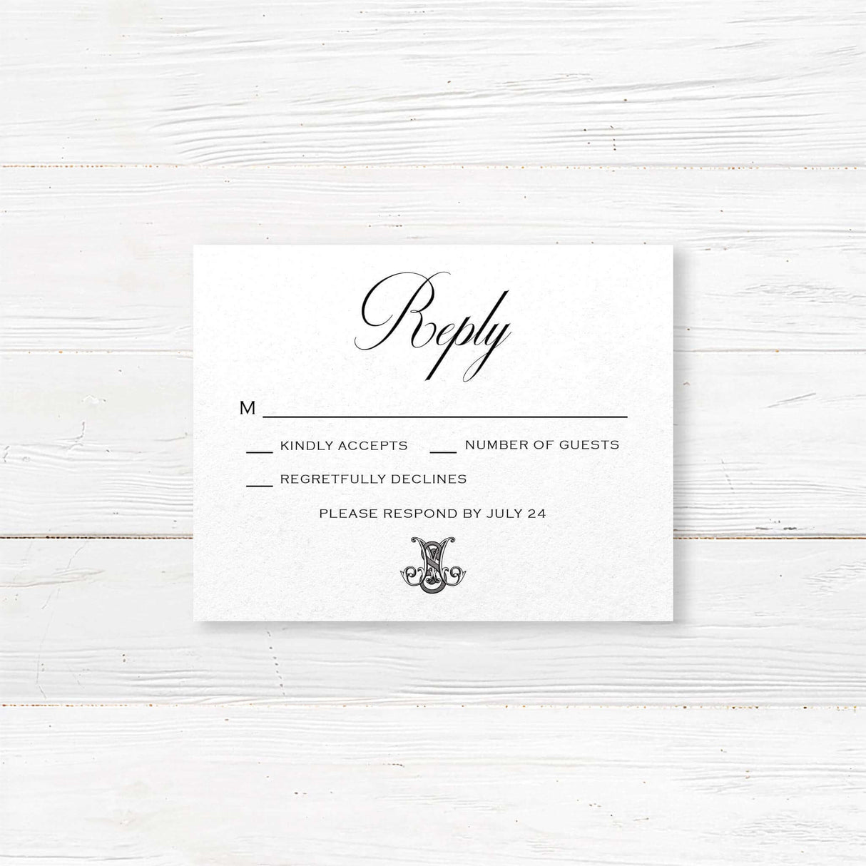 Wedding RSVP card with black background, white serif fonts, and script calligraphy details, designed to match the dramatic Celtic monogram wedding invitation suite.