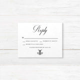 Wedding RSVP card with black background, white serif fonts, and script calligraphy details, designed to match the dramatic Celtic monogram wedding invitation suite.