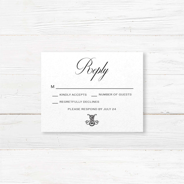 Wedding RSVP card with black background, white serif fonts, and script calligraphy details, designed to match the dramatic Celtic monogram wedding invitation suite.