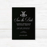 Save the Date card with black background, ornate Celtic monogram crest, white serif and script fonts. Matches the elegant and formal Black Delicate Celtic Monogram suite.