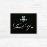 Thank you card with dramatic black background, ornate Celtic monogram, and white script and serif fonts. Coordinates with the Black Delicate Celtic Monogram wedding suite.