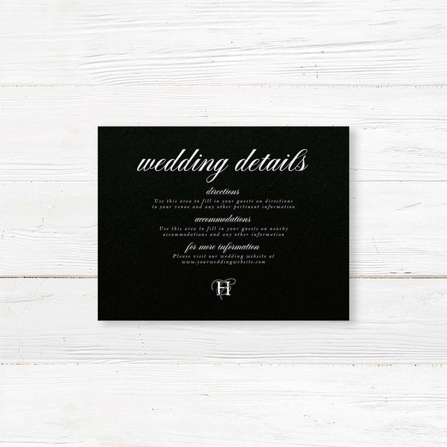 This wedding detail card delivers essential information in a stylish format. With a deep black background and classic white serif typography, it's ideal for sharing travel details, accommodations, or your wedding website. The refined design complements the rest of the Black Entwined Initials suite.
