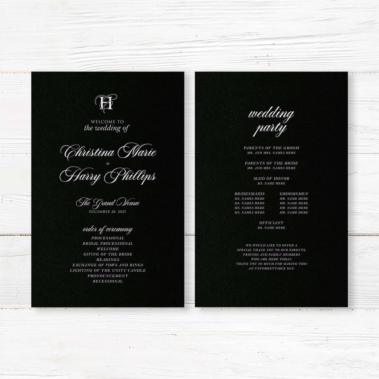 Wedding program printed on black background with white serif and script fonts, formal layout for ceremony order and bridal party, matching Black Entwined Initials suite.