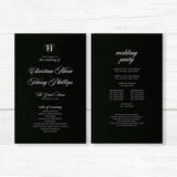 Wedding program printed on black background with white serif and script fonts, formal layout for ceremony order and bridal party, matching Black Entwined Initials suite.