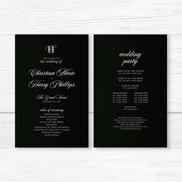 Wedding program printed on black background with white serif and script fonts, formal layout for ceremony order and bridal party, matching Black Entwined Initials suite.