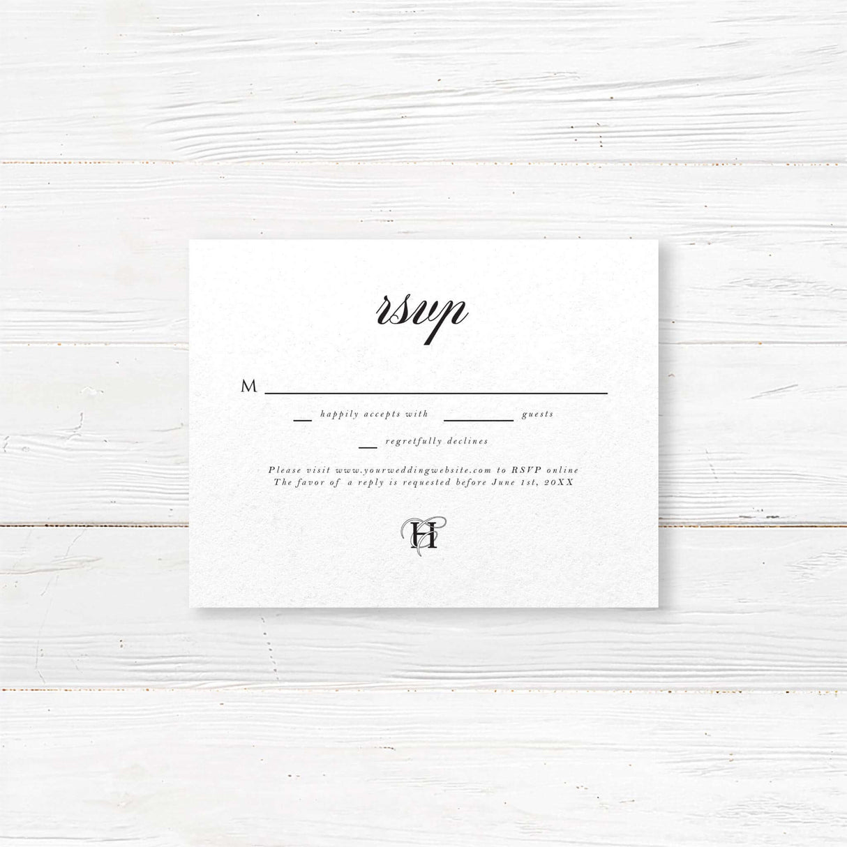 Wedding RSVP card with black background, white serif and calligraphy script fonts, elegant formal layout, and coordinates with the Black Entwined Initials invitation suite.