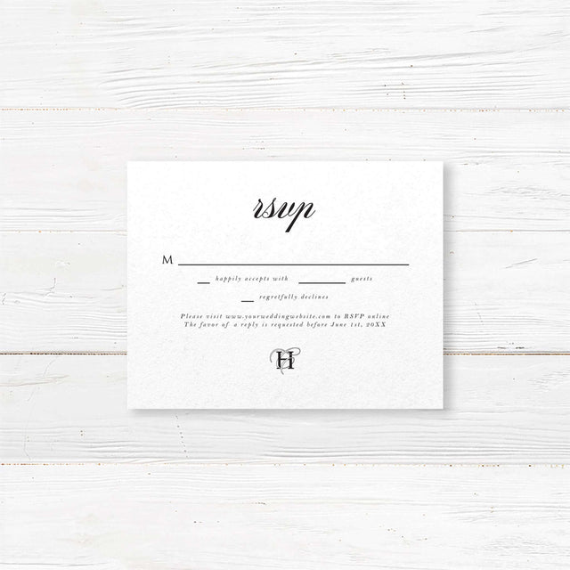 Wedding RSVP card with black background, white serif and calligraphy script fonts, elegant formal layout, and coordinates with the Black Entwined Initials invitation suite.