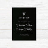 Save the Date card with solid black background, ornate white monogram at the top, and elegant white serif and calligraphy script fonts matching the Black Entwined Initials suite.
