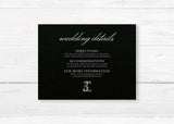 Wedding detail card with black background, elegant serif and script font combination, perfect for formal wedding info, matching the Black Script Celtic Monogram stationery suite.