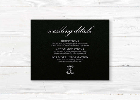 Wedding detail card with black background, elegant serif and script font combination, perfect for formal wedding info, matching the Black Script Celtic Monogram stationery suite.