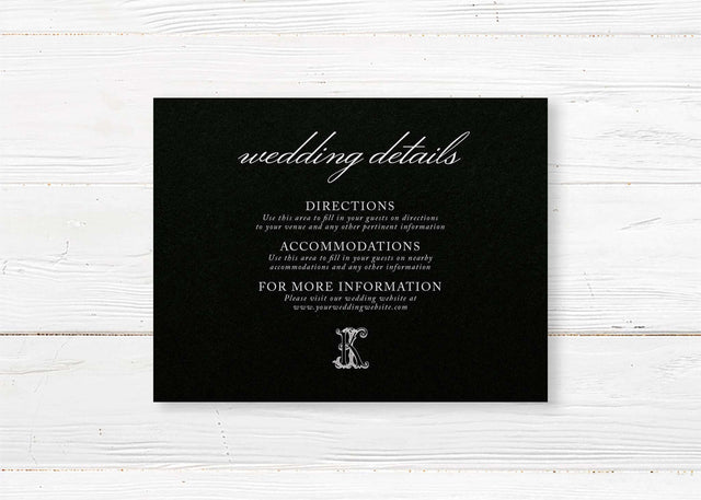 Wedding detail card with black background, elegant serif and script font combination, perfect for formal wedding info, matching the Black Script Celtic Monogram stationery suite.