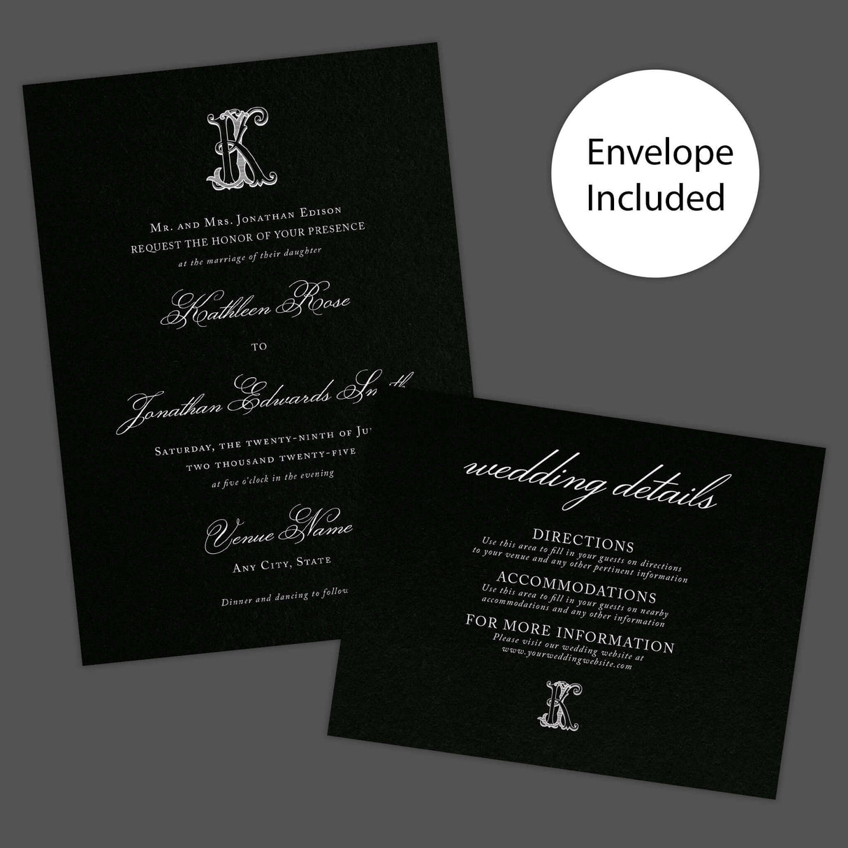 Wedding invitation with a black background, ornate Celtic monogram, and a blend of white script and serif fonts. A dramatic and elegant choice for formal or Celtic-inspired weddings. Invite and Details