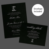 Wedding invitation with a black background, ornate Celtic monogram, and a blend of white script and serif fonts. A dramatic and elegant choice for formal or Celtic-inspired weddings. Invite and Details