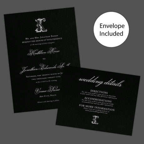 Wedding invitation with a black background, ornate Celtic monogram, and a blend of white script and serif fonts. A dramatic and elegant choice for formal or Celtic-inspired weddings. Invite and Details