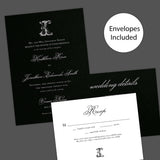 Wedding invitation with a black background, ornate Celtic monogram, and a blend of white script and serif fonts. A dramatic and elegant choice for formal or Celtic-inspired weddings. Invite, RSVP and Details