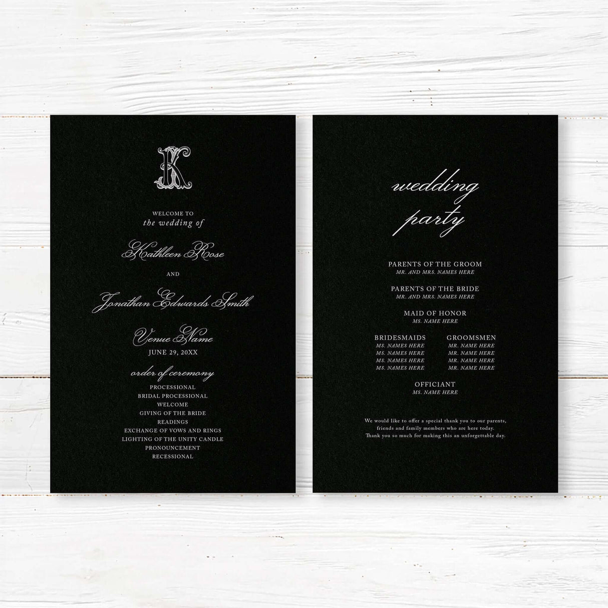 Wedding ceremony program with a black background, white serif and calligraphy script fonts, and elegant Celtic monogram design, ideal for black-tie or formal weddings.