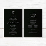 Wedding ceremony program with a black background, white serif and calligraphy script fonts, and elegant Celtic monogram design, ideal for black-tie or formal weddings.