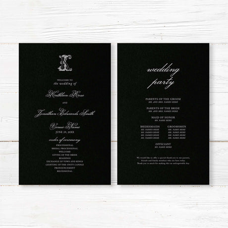 Wedding ceremony program with a black background, white serif and calligraphy script fonts, and elegant Celtic monogram design, ideal for black-tie or formal weddings.