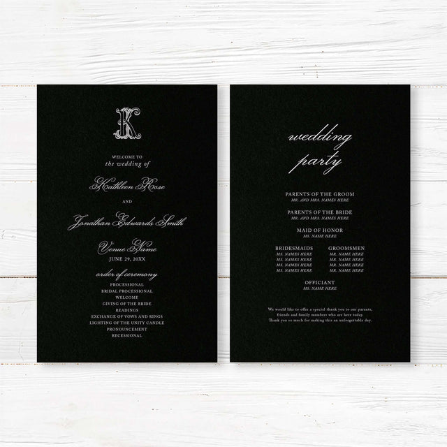 Wedding ceremony program with a black background, white serif and calligraphy script fonts, and elegant Celtic monogram design, ideal for black-tie or formal weddings.