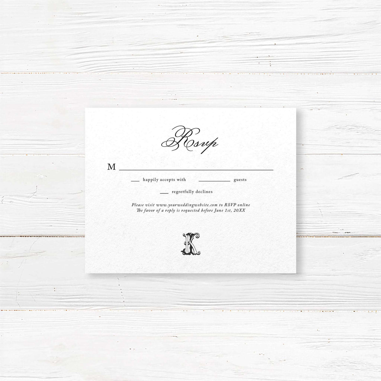 Wedding RSVP card with a black background, elegant white serif and script fonts, and a classic design that complements the Black Script Celtic Monogram wedding invitation.