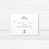Wedding RSVP card with a black background, elegant white serif and script fonts, and a classic design that complements the Black Script Celtic Monogram wedding invitation.
