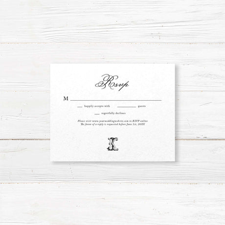 Wedding RSVP card with a black background, elegant white serif and script fonts, and a classic design that complements the Black Script Celtic Monogram wedding invitation.