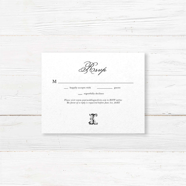 Wedding RSVP card with a black background, elegant white serif and script fonts, and a classic design that complements the Black Script Celtic Monogram wedding invitation.