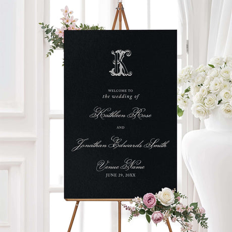 Wedding welcome sign featuring a solid black background, ornate white Celtic-style monogram, and a mix of script and serif fonts for a dramatic and elegant wedding entrance.