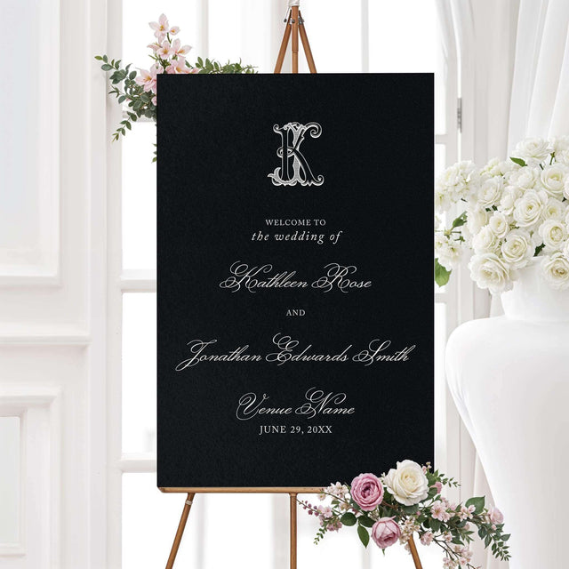 Wedding welcome sign featuring a solid black background, ornate white Celtic-style monogram, and a mix of script and serif fonts for a dramatic and elegant wedding entrance.