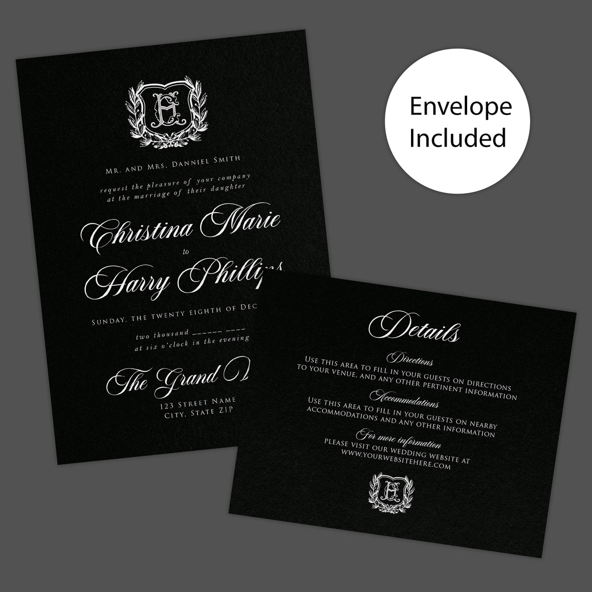 Elegant wedding invitation with black background, vintage-style white shield monogram surrounded by a laurel wreath, white calligraphy and serif fonts, ideal for formal or gothic weddings. Invite and Details