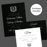Elegant wedding invitation with black background, vintage-style white shield monogram surrounded by a laurel wreath, white calligraphy and serif fonts, ideal for formal or gothic weddings. Invite, RSVP, and Details
